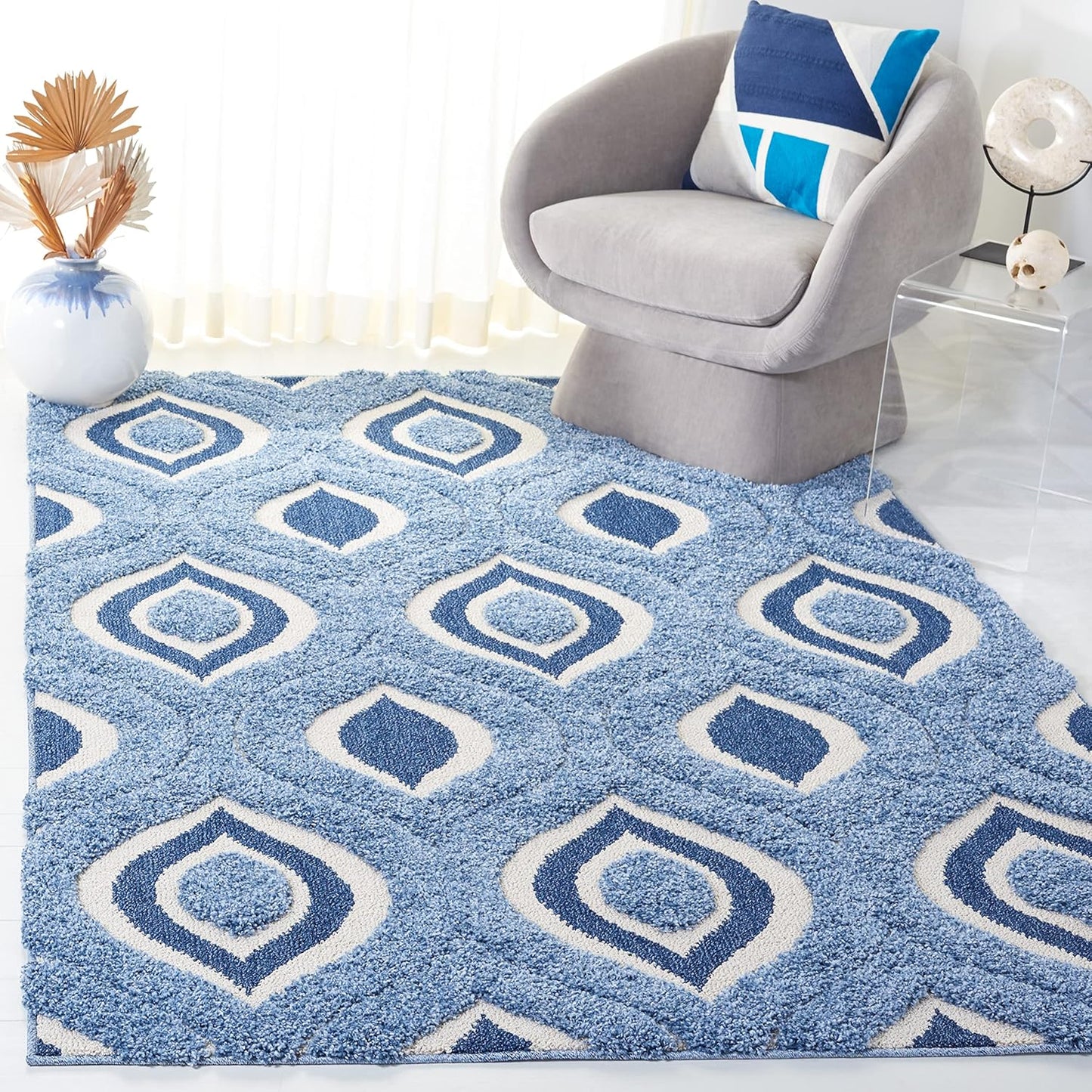 SAFAVIEH Florida Shag Collection Area Rug - 6'7" Round, Cream & Smoke, Modern Ogee Design, Non-Shedding & Easy Care, 1.2-inch Thick Ideal for High Traffic Areas in Living Room, Bedroom (SG461-1179)