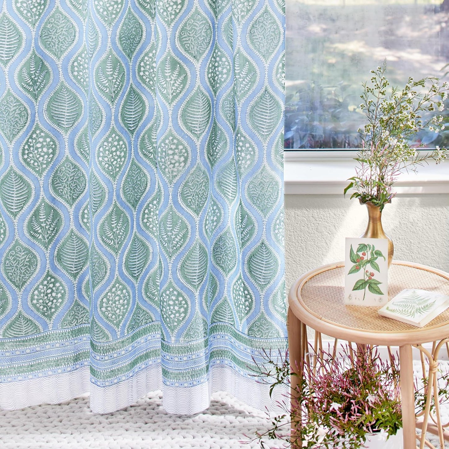 White Sheer Curtain Panel with Tieback, Ivy Lace Leaf Design Tab Top for Light Filtering & Privacy 100% Cotton Voile Hand Block Printed 44 x 84 Inches