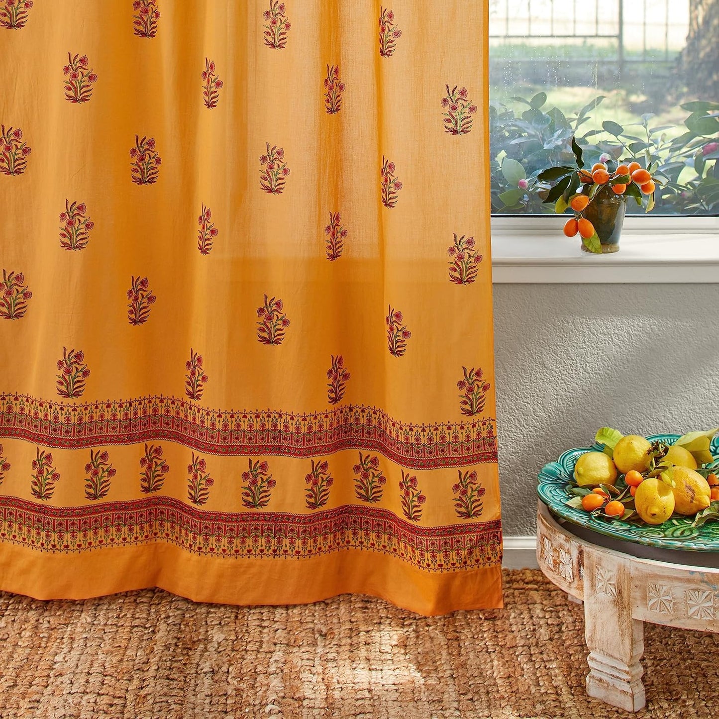 White Sheer Curtain Panel with Tieback, Ivy Lace Leaf Design Tab Top for Light Filtering & Privacy 100% Cotton Voile Hand Block Printed 44 x 84 Inches
