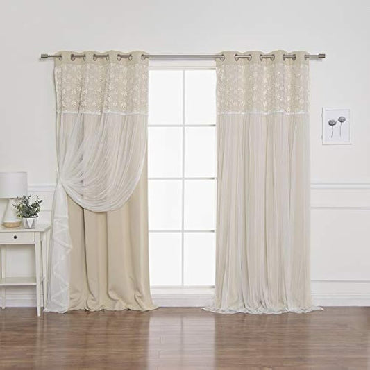 Best Home Fashion Floral Lace Overlay Thermal Insulated Blackout Curtains - Stainless Steel Nickel Grommet Top - Beige - 52"W x 96"L - (Set of 2 Panels)