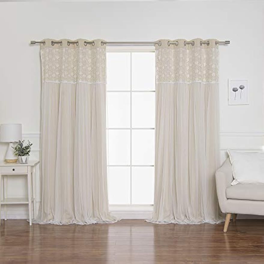 Best Home Fashion Floral Lace Overlay Thermal Insulated Blackout Curtains - Stainless Steel Nickel Grommet Top - Beige - 52"W x 96"L - (Set of 2 Panels)