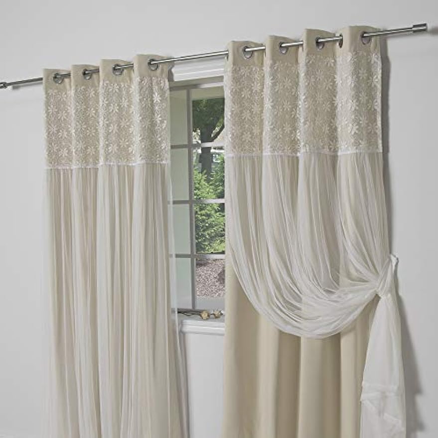 Best Home Fashion Floral Lace Overlay Thermal Insulated Blackout Curtains - Stainless Steel Nickel Grommet Top - Beige - 52"W x 96"L - (Set of 2 Panels)