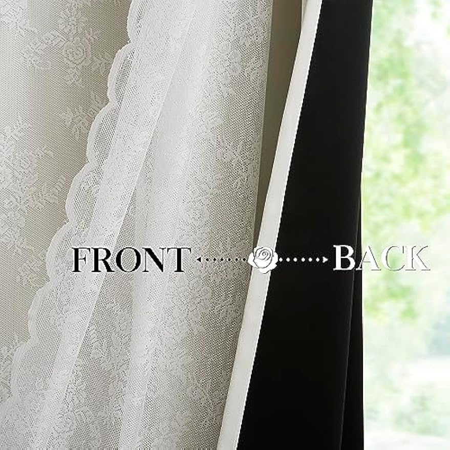 Mix and Match Curtains - Full Blackout Beige Curtains with Vintage Floral White Lace Panels for Bedroom 84 Inch Length Living Room Solid Thermal Insulated 4 Piece Curtain Set, Grommet Top, 52" W
