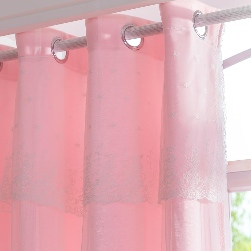 2-in-1 Layered Curtain – Floral Embroidery with Built-in Lace & Semi-Blackout (Pink, 53x67 in)