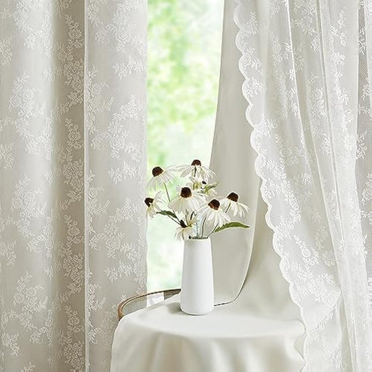 Mix and Match Curtains - Full Blackout Beige Curtains with Vintage Floral White Lace Panels for Bedroom 84 Inch Length Living Room Solid Thermal Insulated 4 Piece Curtain Set, Grommet Top, 52" W