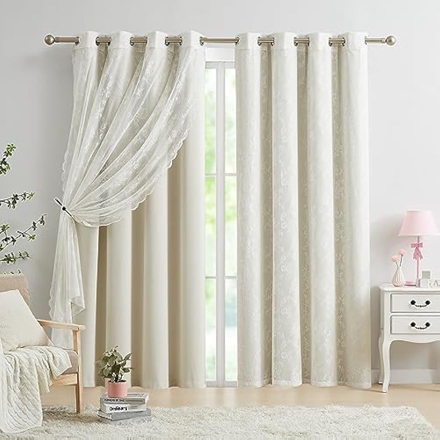 Mix and Match Curtains - Full Blackout Beige Curtains with Vintage Floral White Lace Panels for Bedroom 84 Inch Length Living Room Solid Thermal Insulated 4 Piece Curtain Set, Grommet Top, 52" W