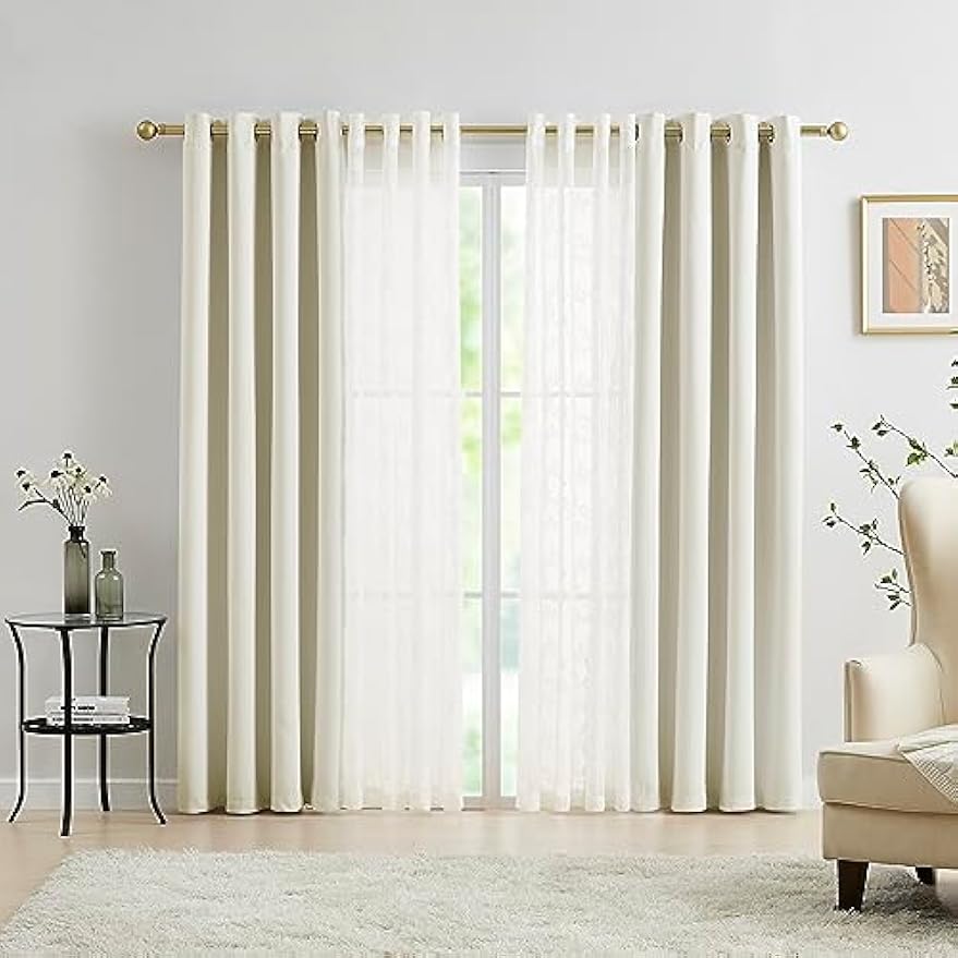 Mix and Match Curtains - Full Blackout Beige Curtains with Vintage Floral White Lace Panels for Bedroom 84 Inch Length Living Room Solid Thermal Insulated 4 Piece Curtain Set, Grommet Top, 52" W
