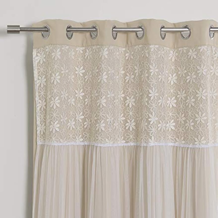 Best Home Fashion Floral Lace Overlay Thermal Insulated Blackout Curtains - Stainless Steel Nickel Grommet Top - Beige - 52"W x 96"L - (Set of 2 Panels)
