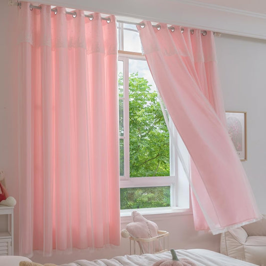 2-in-1 Layered Curtain – Floral Embroidery with Built-in Lace & Semi-Blackout (Pink, 53x67 in)