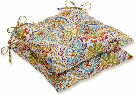 Pillow Perfect Paisley Indoor/Outdoor Chair Seat Cushion with Ties, Tufted, Weather, and Fade Resistant, 18.5" x 19", Blue/Green Gilford, 2 Count
