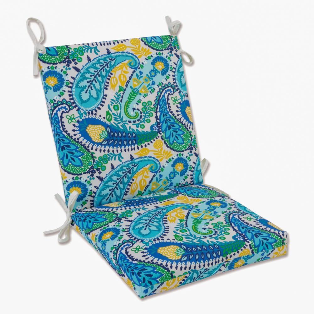 Pillow Perfect Paisley Indoor/Outdoor Solid Back 1 Piece Square Corner Chair Cushion with Ties, Deep Seat, Weather, and Fade Resistant, 36.5" x 18", Blue/Green Pretty,