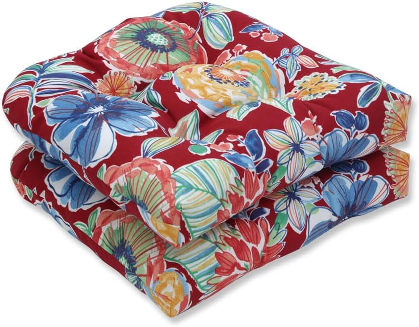 Pillow Perfect Floral Indoor/Outdoor Chair Seat Cushion, Tufted, Weather, and Fade Resistant, 19" x 19", Blue/Yellow Spring Bling, 2 Count