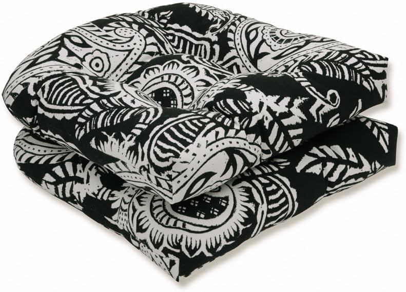 Pillow Perfect Floral Indoor/Outdoor Chair Seat Cushion, Tufted, Weather, and Fade Resistant, 19" x 19", Black/Tan Dailey, 2 Count
