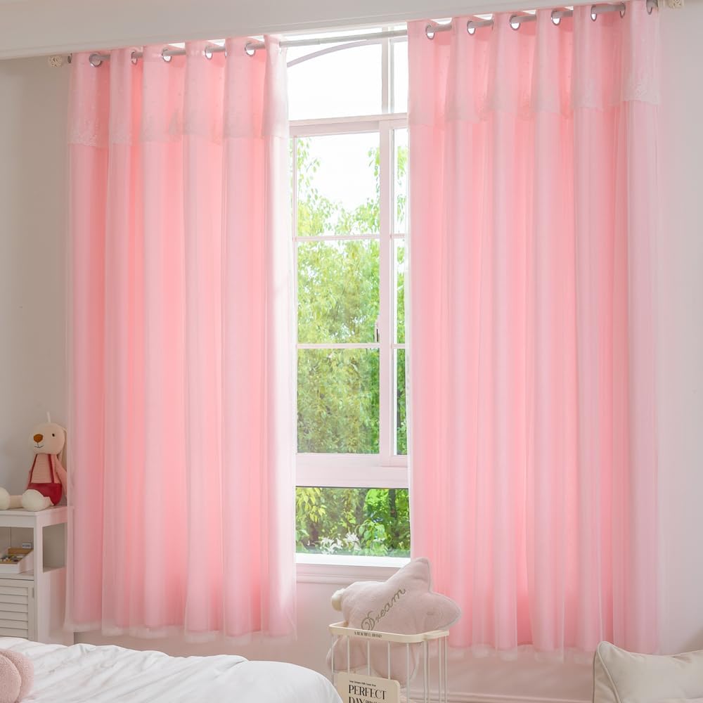 2-in-1 Layered Curtain – Floral Embroidery with Built-in Lace & Semi-Blackout (Pink, 53x67 in)