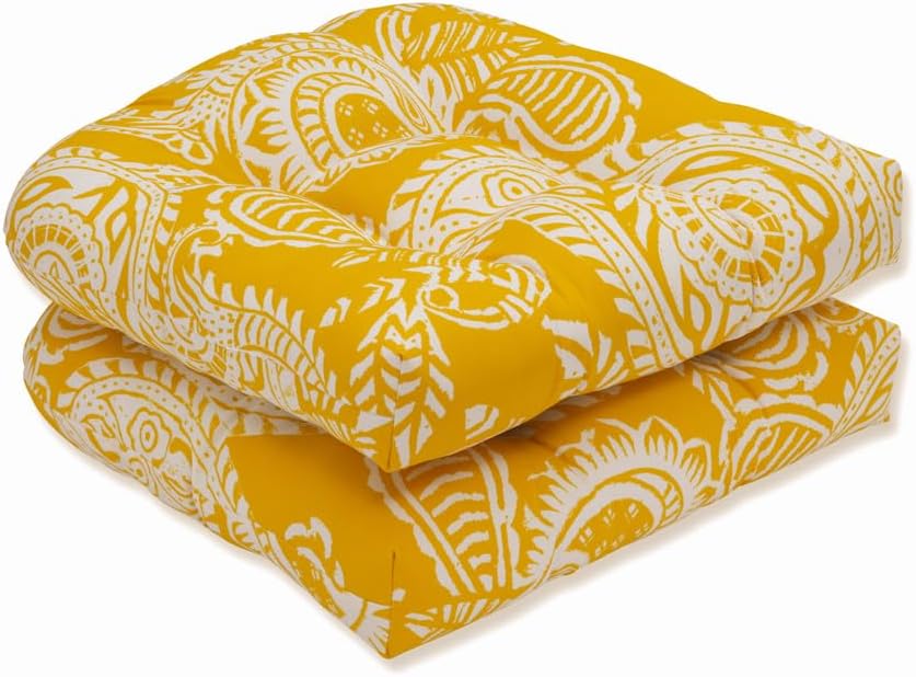Pillow Perfect Floral Indoor/Outdoor Chair Seat Cushion, Tufted, Weather, and Fade Resistant, 19" x 19", Black/Tan Dailey, 2 Count