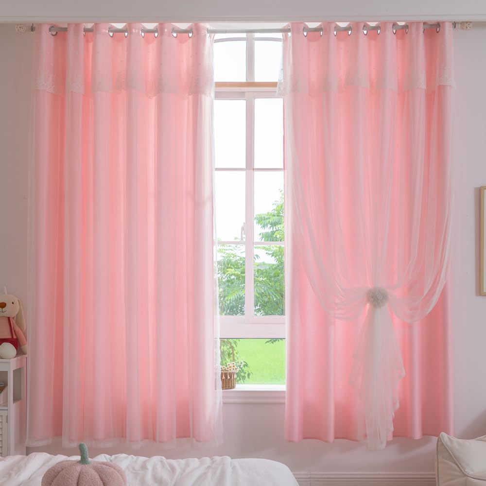 2-in-1 Layered Curtain – Floral Embroidery with Built-in Lace & Semi-Blackout (Pink, 53x67 in)