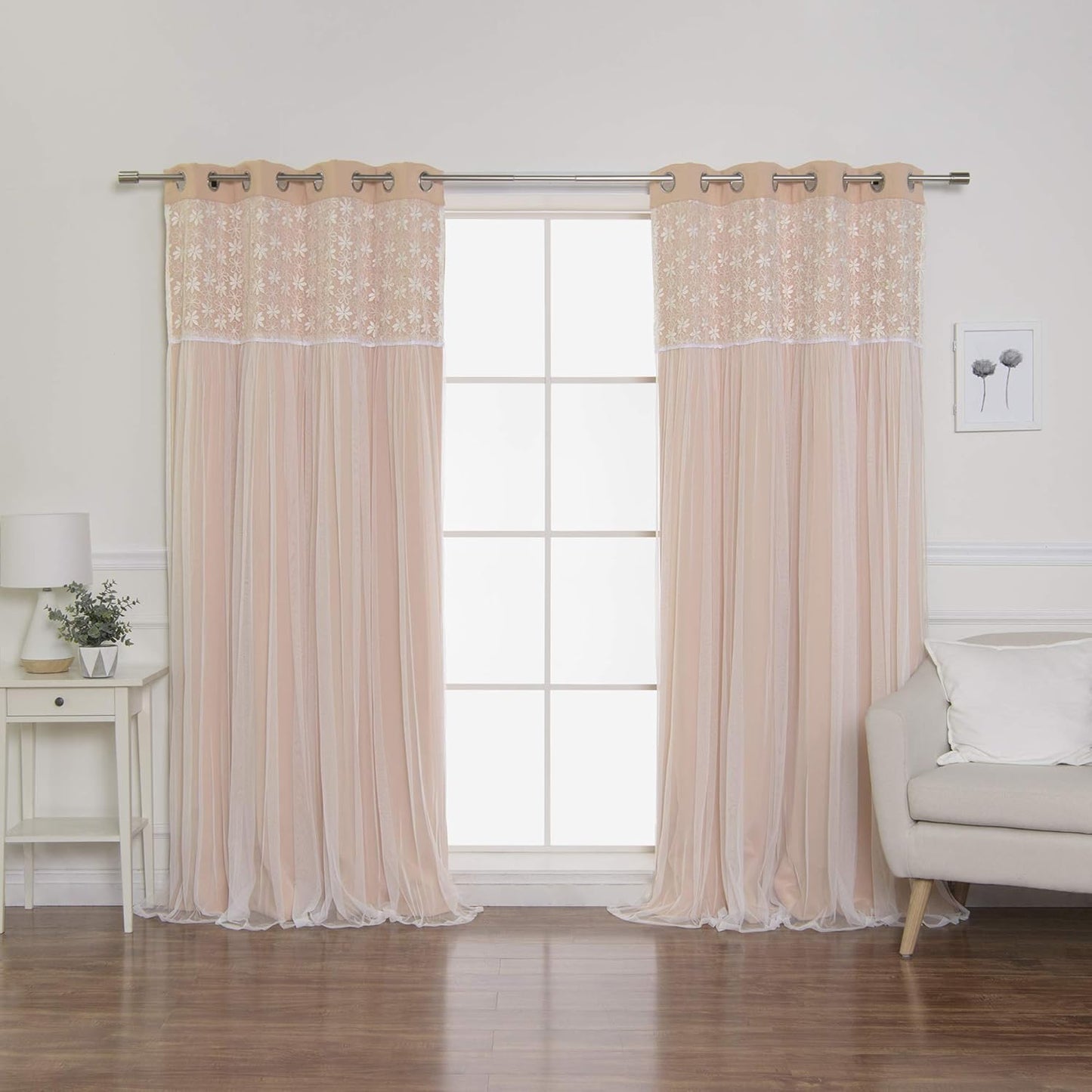 Best Home Fashion Floral Lace Overlay Thermal Insulated Blackout Curtains - Stainless Steel Nickel Grommet Top - Indiepink - 52"W x 84"L - (Set of 2 Panels)