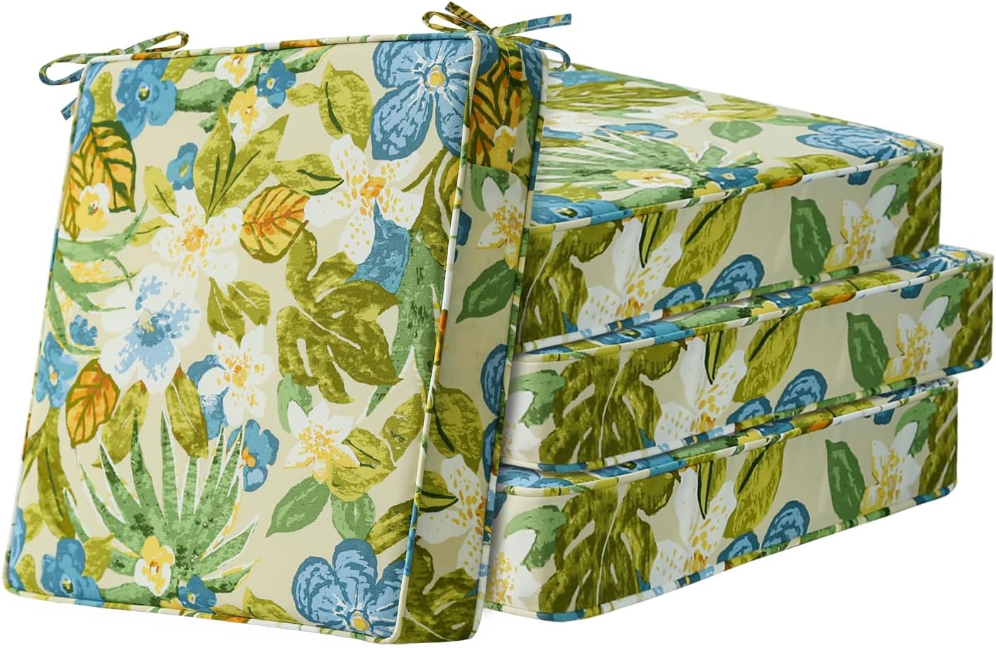 Square Corner Seat Cushions, 19" x 19" x 3", Set of 4, Indoor Outdoor Water Repellent Universal Chair Pads with Ties for Patio Furniture, Garden Deck Dining Chairs, Damask Blue Flower