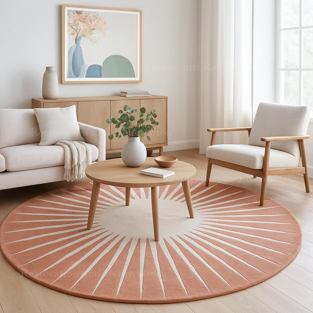 Modern Round Area Rug – Hand-Tufted with 100% NZ Wool, Thick & Soft Circular Carpet for Living Room, Bedroom & Dining Room Decor (Warm Natural, 5' Round)