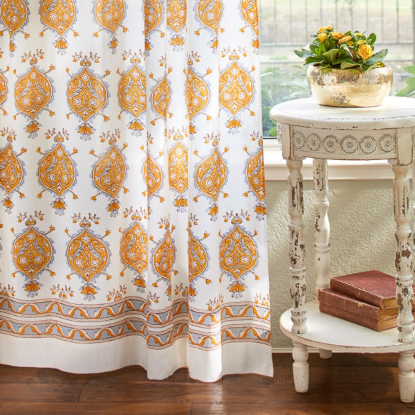 White Sheer Curtain Panel with Tieback, Ivy Lace Leaf Design Tab Top for Light Filtering & Privacy 100% Cotton Voile Hand Block Printed 44 x 84 Inches