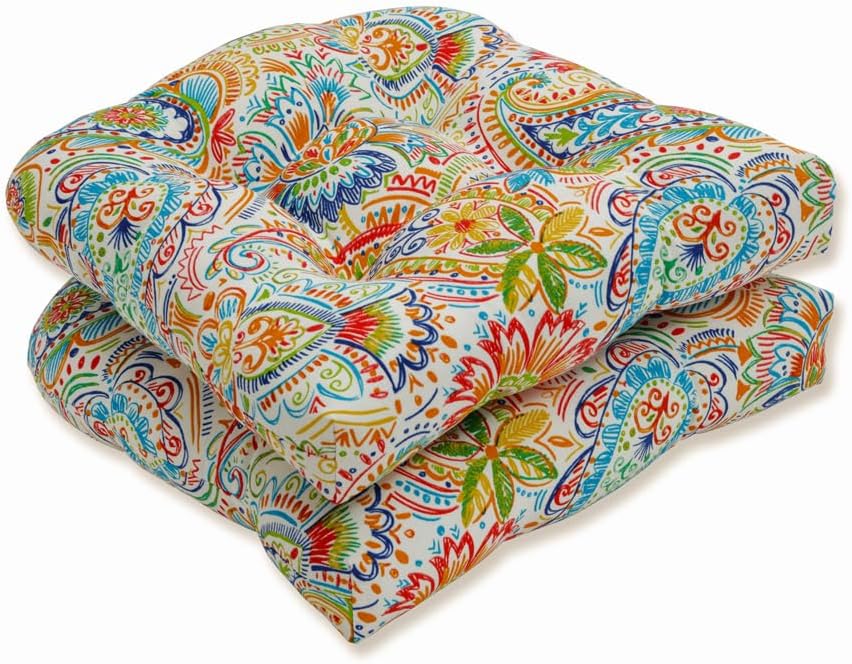 Pillow Perfect Floral Indoor/Outdoor Chair Seat Cushion, Tufted, Weather, and Fade Resistant, 19" x 19", Black/Tan Dailey, 2 Count