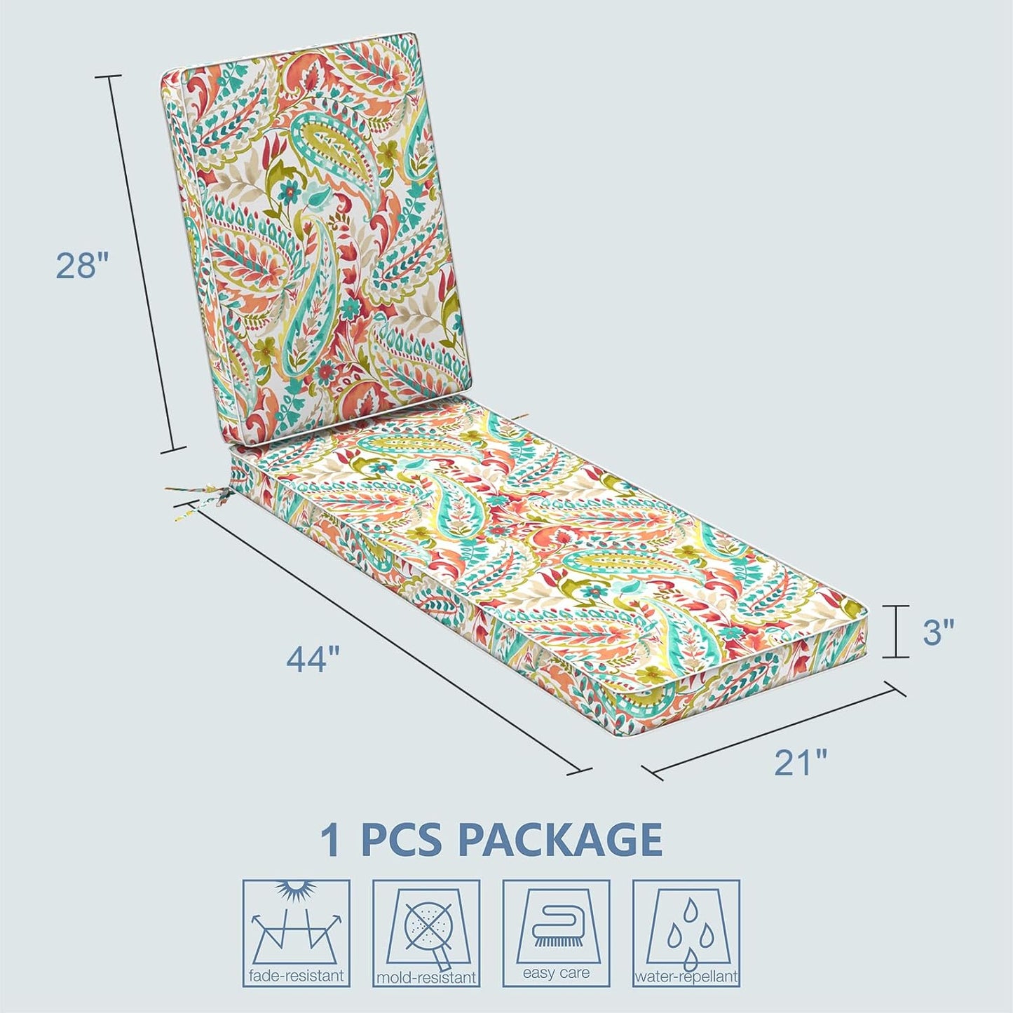 LVTXIII Outdoor Chaise Lounge Cushion, 72 x 21 x 3 Inch Patio Water-Repellent Lounge Chair Seat Cushions for Garden, Furniture, Home Decor, Pretty Paisley