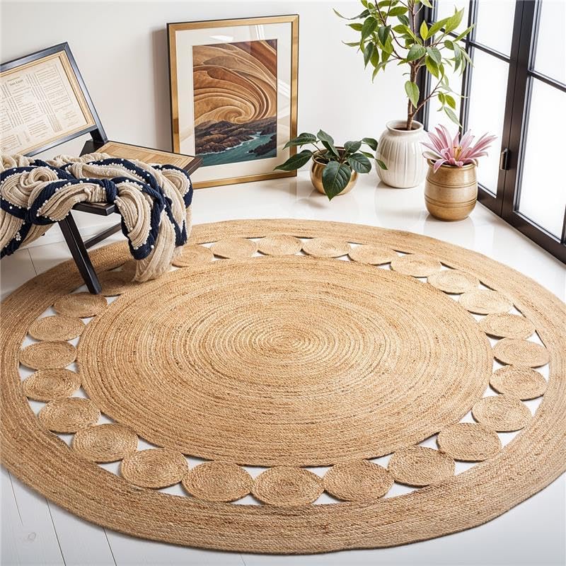 GRUHUM Round Jute Area Rug 9ft Natural Fiber Multicolour Handmade Boho Charm Farmhouse Soft Braided Rustic Vintage Rug for Indoor Kitchen Bedroom Living Room Hallways Enterways(9' feet Round)