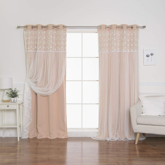 Best Home Fashion Floral Lace Overlay Thermal Insulated Blackout Curtains - Stainless Steel Nickel Grommet Top - Indiepink - 52"W x 84"L - (Set of 2 Panels)