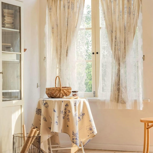Daesar Semi Blackout Curtains for Bedroom 2 Panels, Polyester Cotton Rod Pocket Window Curtains 55" W x 87" H Drapes Double Layered Flowers Lace Beige Blue Blackout Curtains for Living Room