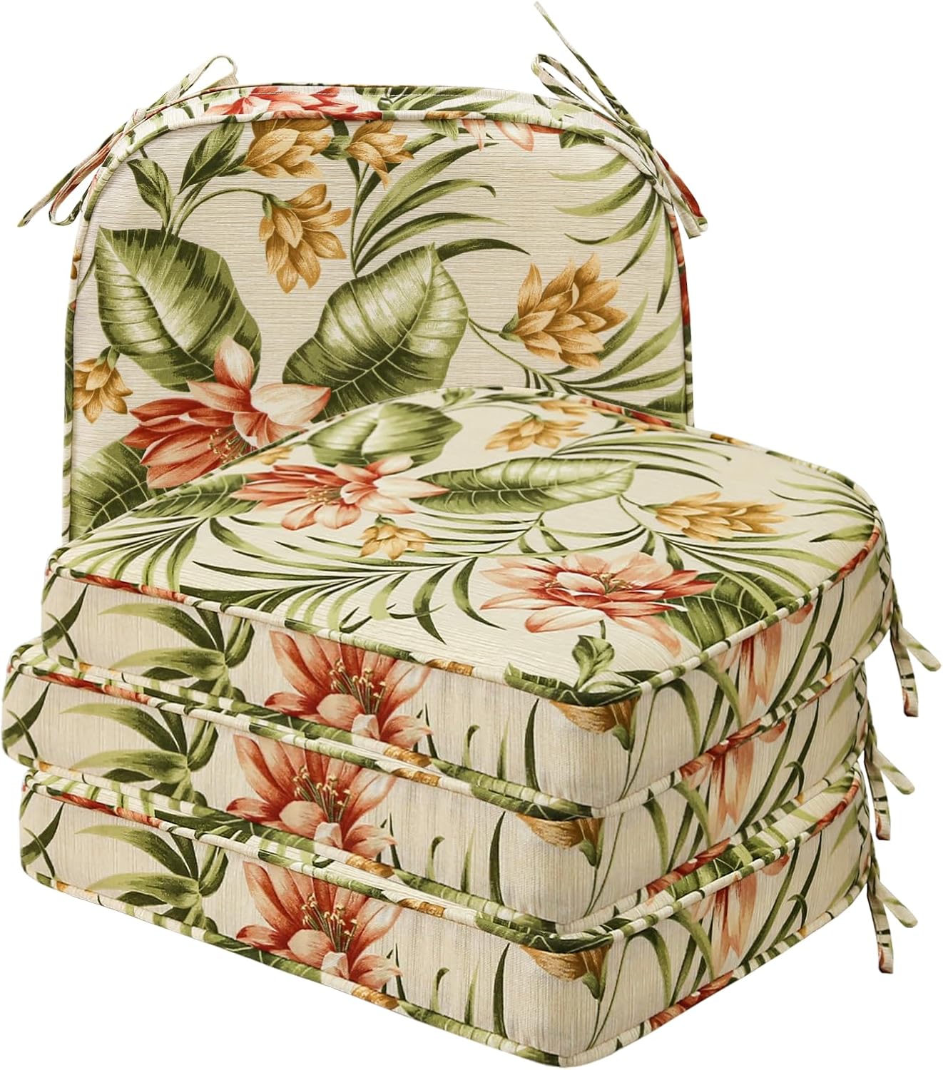 Square Corner Seat Cushions, 19" x 19" x 3", Set of 4, Indoor Outdoor Water Repellent Universal Chair Pads with Ties for Patio Furniture, Garden Deck Dining Chairs, Damask Blue Flower