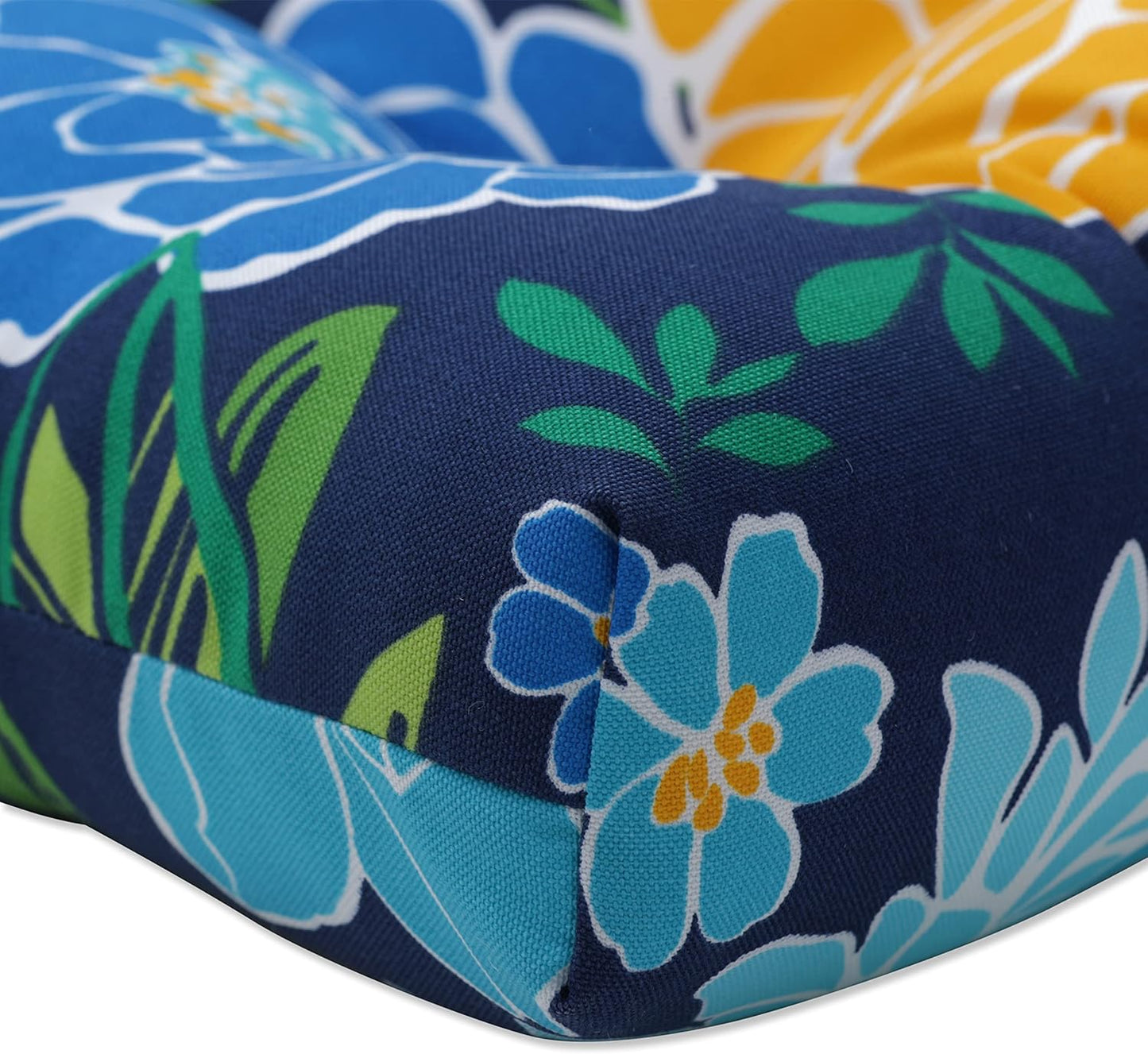 Pillow Perfect Floral Indoor/Outdoor Chair Seat Cushion, Tufted, Weather, and Fade Resistant, 19" x 19", Blue/Yellow Spring Bling, 2 Count