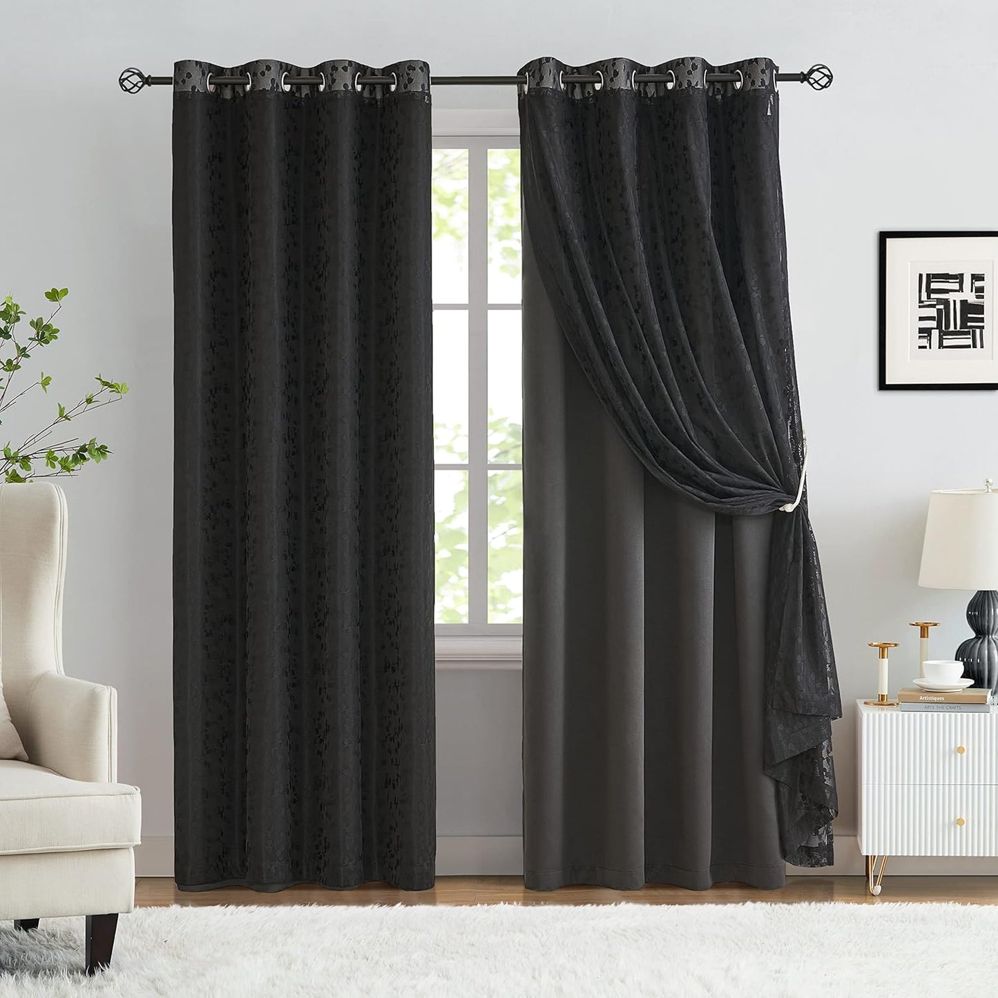 Jubilantex Mix Matched Curtains Leaf Sheer Lace 2 Panels & 2 Full Blackout Curtains Room Darkening Beige Window Treatments for Bedroom Living Room Grommet Top Design 52" W x 84" L Beige & White