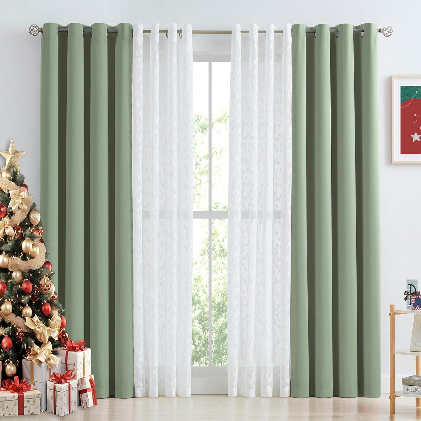 Jubilantex Mix Matched Curtains Leaf Sheer Lace 2 Panels & 2 Full Blackout Curtains Room Darkening Beige Window Treatments for Bedroom Living Room Grommet Top Design 52" W x 84" L Beige & White