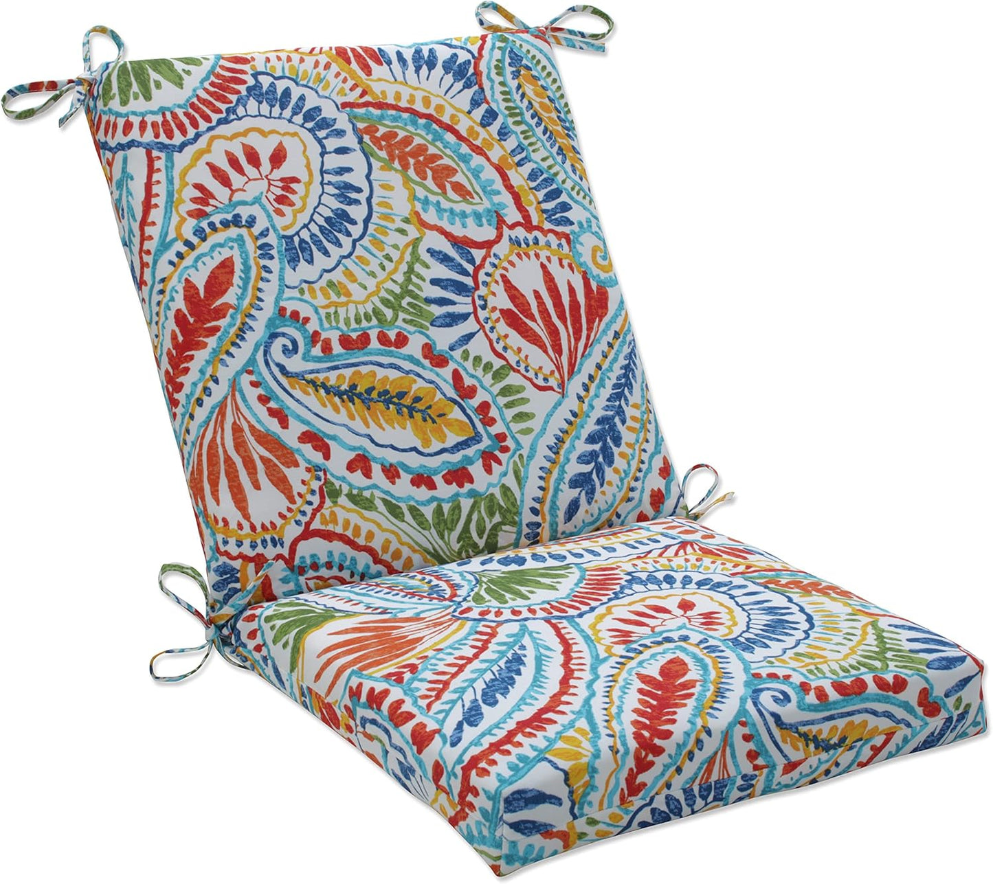 Pillow Perfect Paisley Indoor/Outdoor Solid Back 1 Piece Square Corner Chair Cushion with Ties, Deep Seat, Weather, and Fade Resistant, 36.5" x 18", Blue/Green Pretty,
