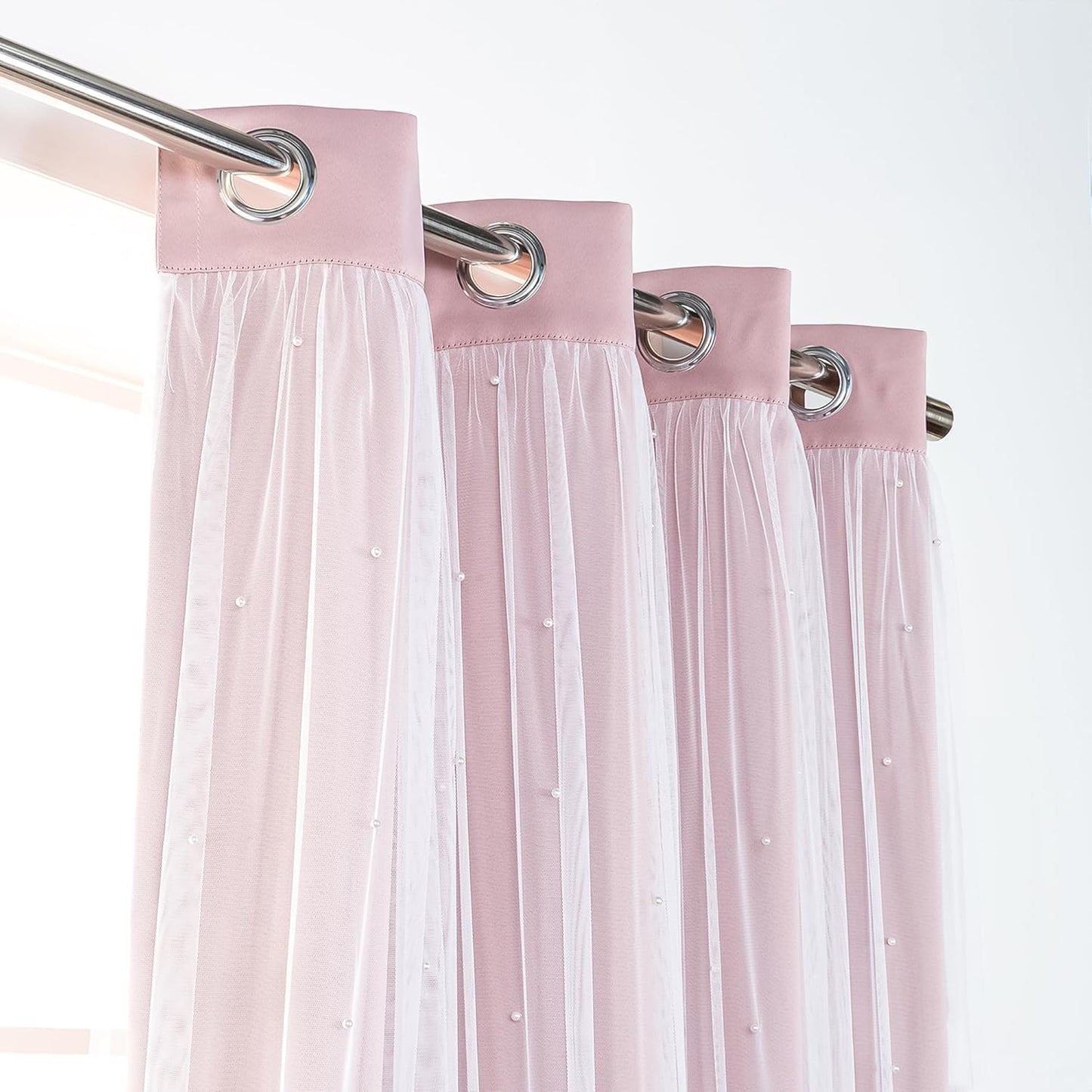 Best Home Fashion Pearl Beaded Lace Overlay Blackout Curtain Set, Double Layer Silver Grommet Thermal Insulated Window Panels for Bedroom, Living Room, Dining Room- 52" W x 84" L, Dustypink