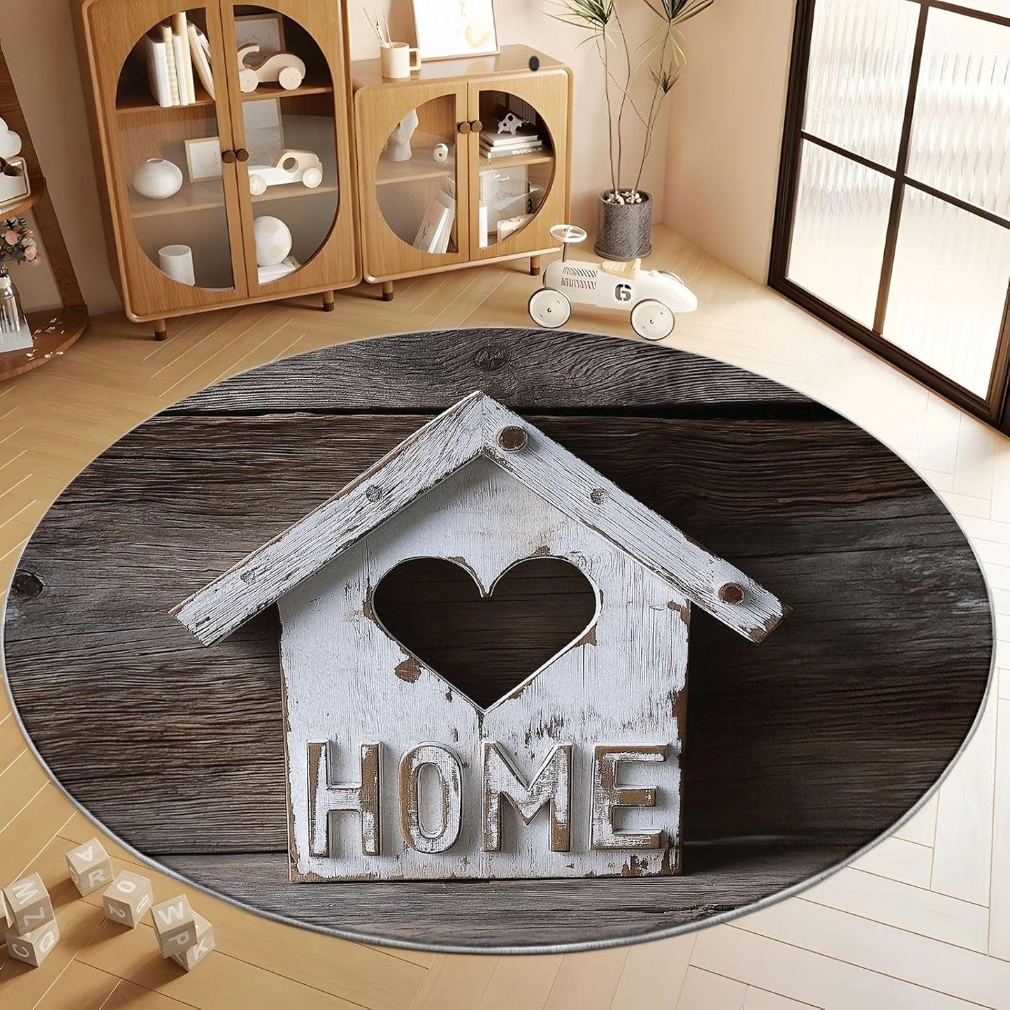Round Area Rug 7 ft Country Style White Wood House Non-Slip Washable Round Rug, Tan Accent Carpet for Dining Room, Living Room, Bedroom, Entryway and Kitchen