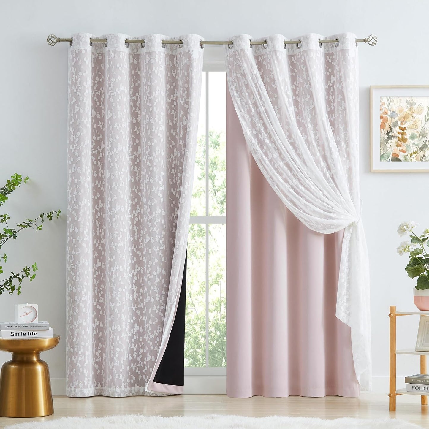 Jubilantex Mix Matched Curtains Leaf Sheer Lace 2 Panels & 2 Full Blackout Curtains Room Darkening Beige Window Treatments for Bedroom Living Room Grommet Top Design 52" W x 84" L Beige & White