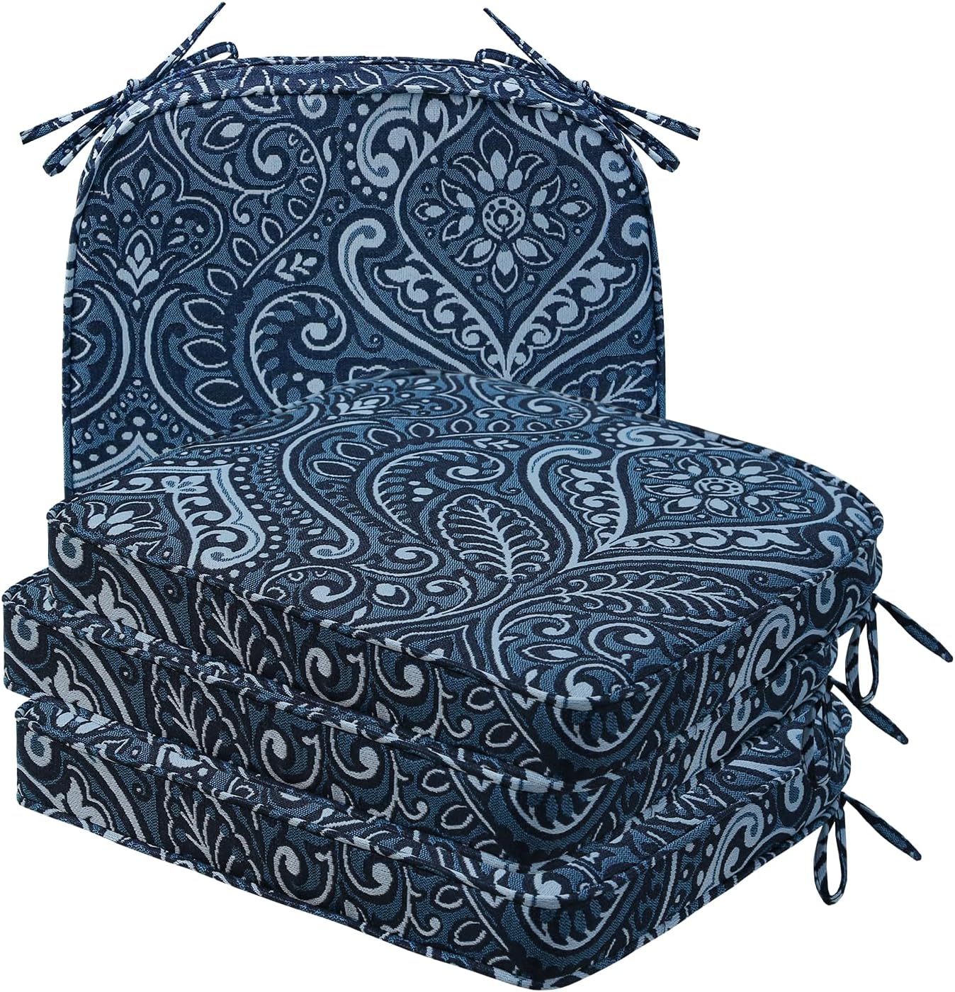 Square Corner Seat Cushions, 19" x 19" x 3", Set of 4, Indoor Outdoor Water Repellent Universal Chair Pads with Ties for Patio Furniture, Garden Deck Dining Chairs, Damask Blue Flower