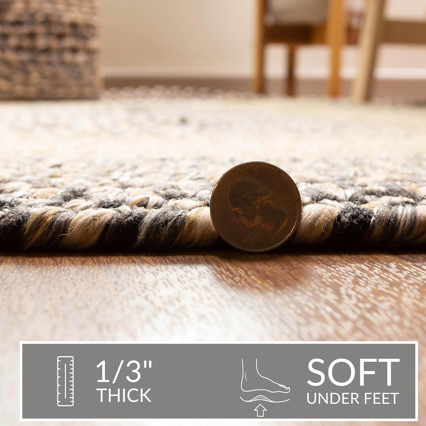 Super Area Rugs Braided Rugs Round 4ft Farmhouse Kitchen Rug - Ridgewood Gray Braided Rug for Dining Room Table - Reversible - Indoor/Outdoor - Made in USA - Graphite/Beige, 4' Round