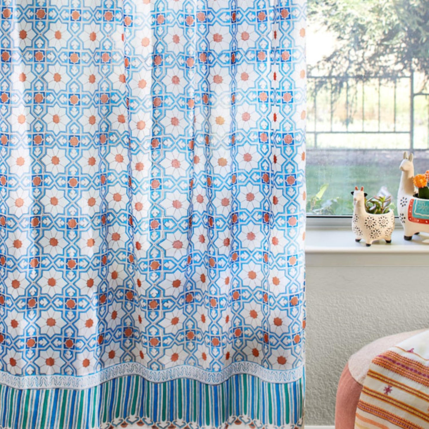 White Sheer Curtain Panel with Tieback, Ivy Lace Leaf Design Tab Top for Light Filtering & Privacy 100% Cotton Voile Hand Block Printed 44 x 84 Inches