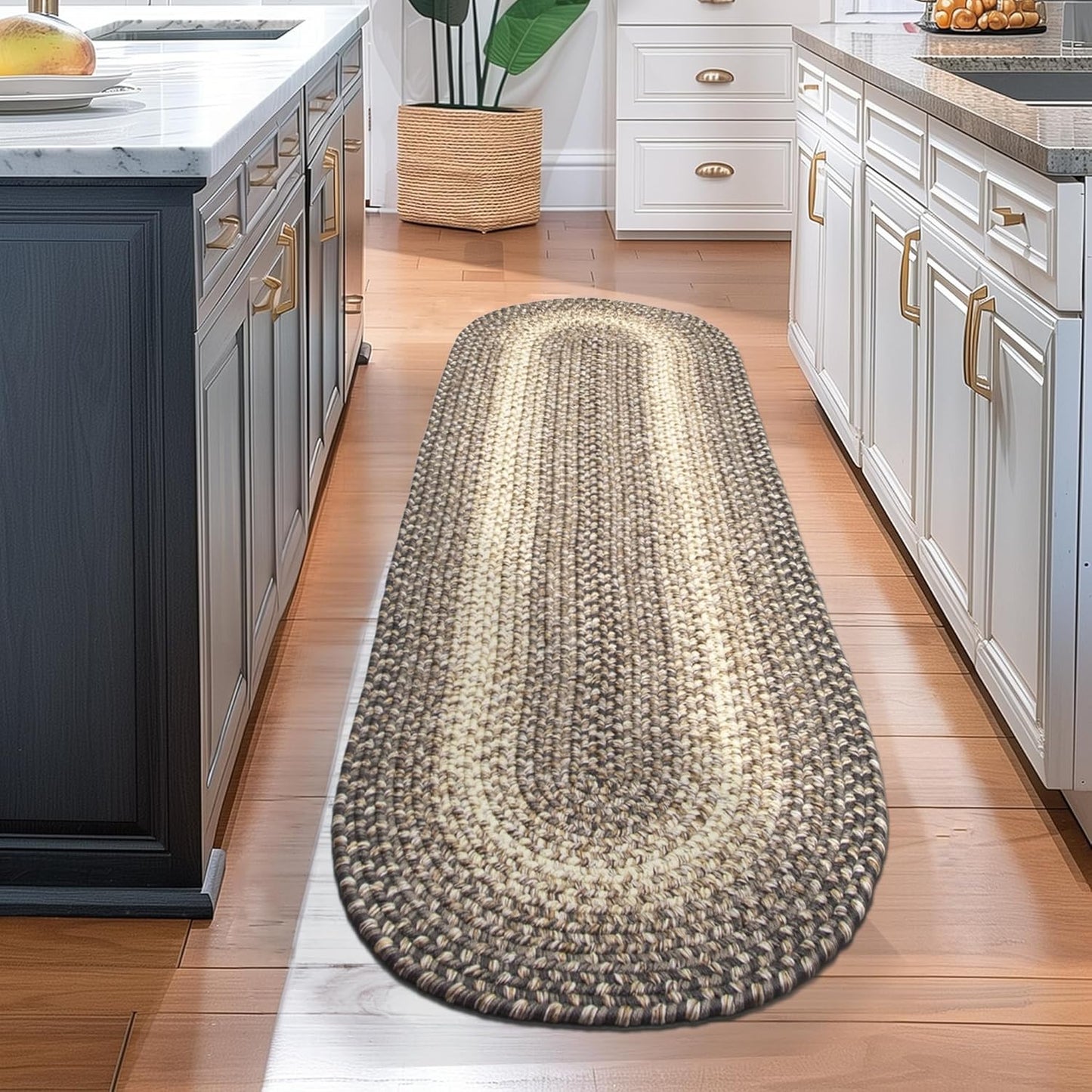 Super Area Rugs Braided Rugs Round 4ft Farmhouse Kitchen Rug - Ridgewood Gray Braided Rug for Dining Room Table - Reversible - Indoor/Outdoor - Made in USA - Graphite/Beige, 4' Round