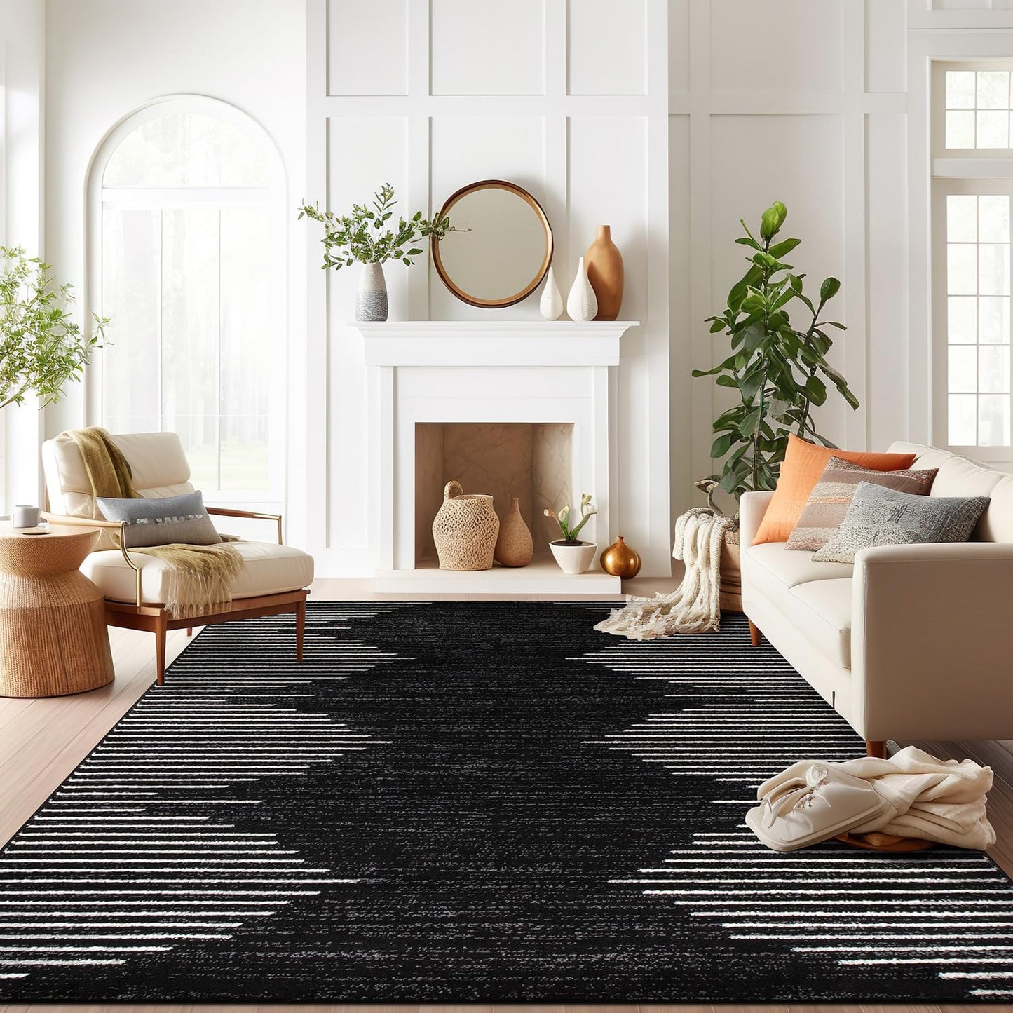 Rugshop Bohemian Stripe Stain Resistant High Traffic Living Room Kitchen Bedroom Dining Home Office Round Rug 8' Cream