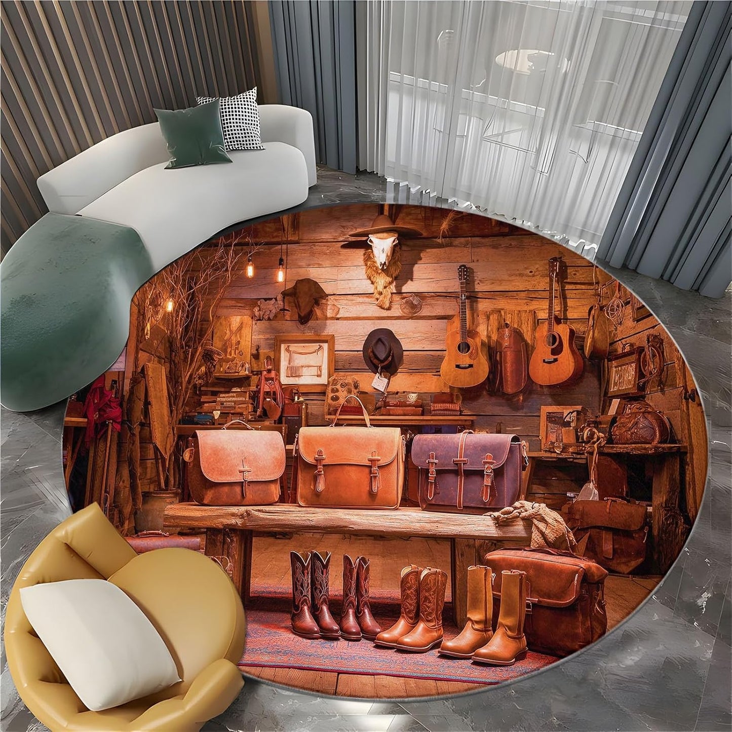 Round Area Rug 7 ft Country Style White Wood House Non-Slip Washable Round Rug, Tan Accent Carpet for Dining Room, Living Room, Bedroom, Entryway and Kitchen