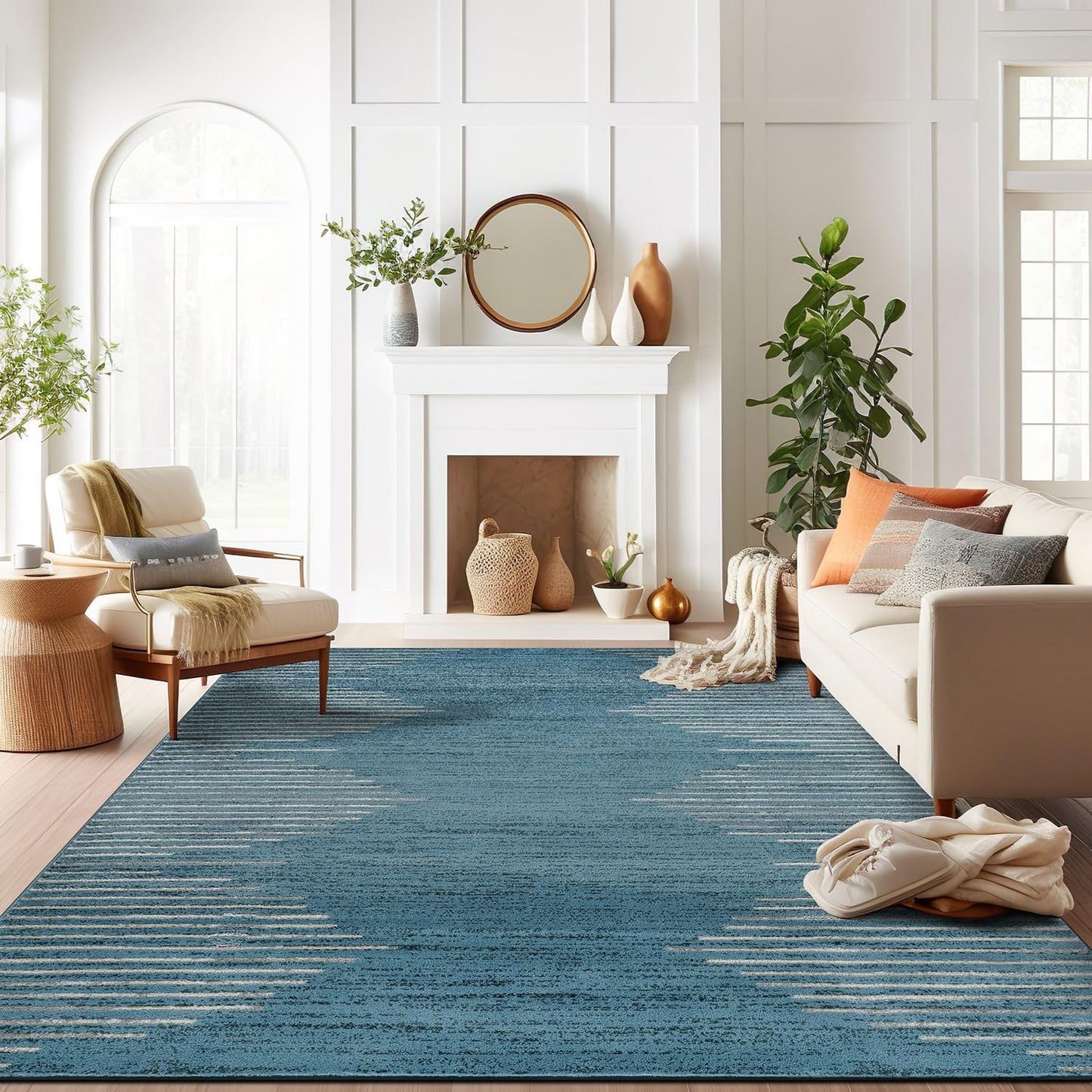 Rugshop Bohemian Stripe Stain Resistant High Traffic Living Room Kitchen Bedroom Dining Home Office Round Rug 8' Cream