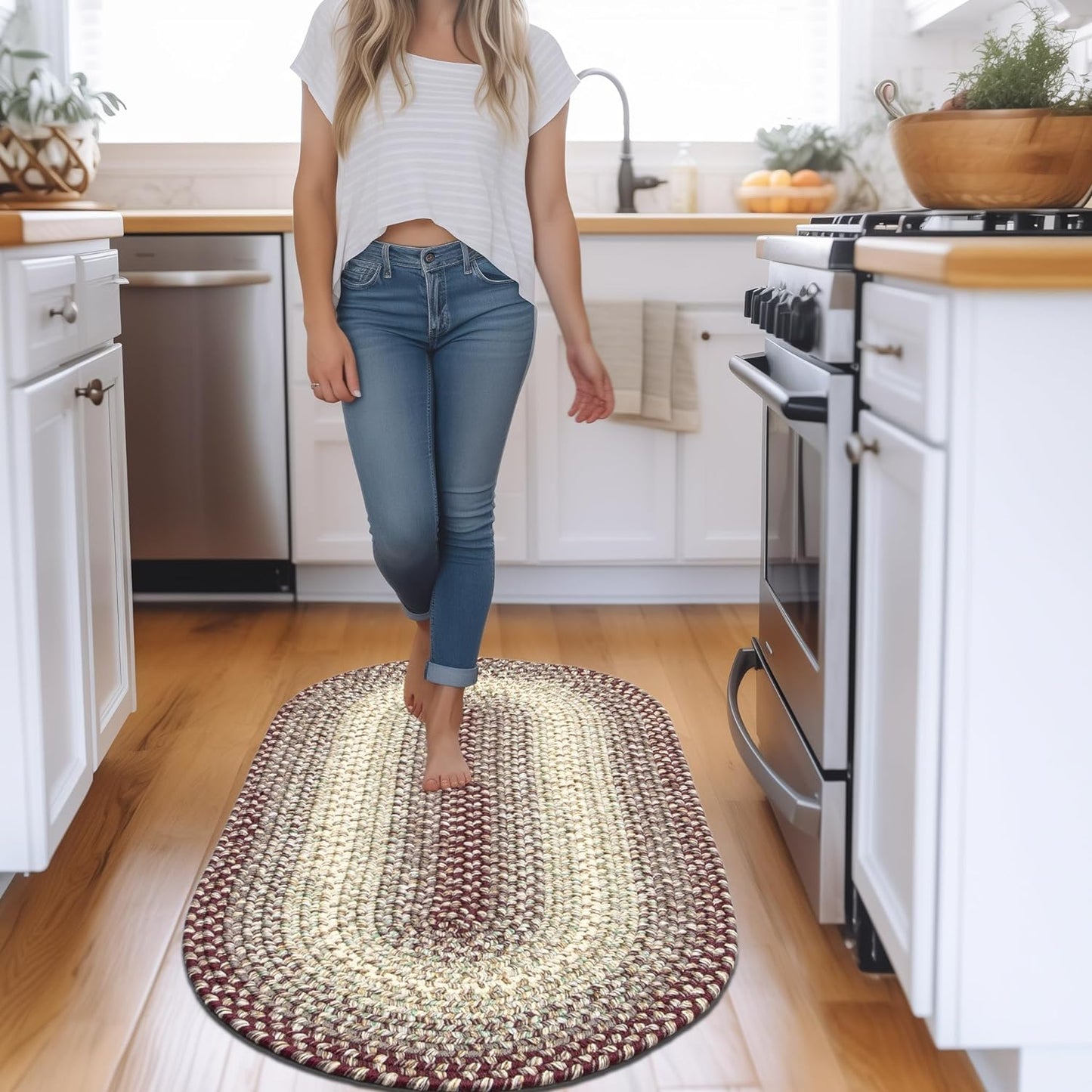 Super Area Rugs Braided Rugs Round 4ft Farmhouse Kitchen Rug - Ridgewood Gray Braided Rug for Dining Room Table - Reversible - Indoor/Outdoor - Made in USA - Graphite/Beige, 4' Round