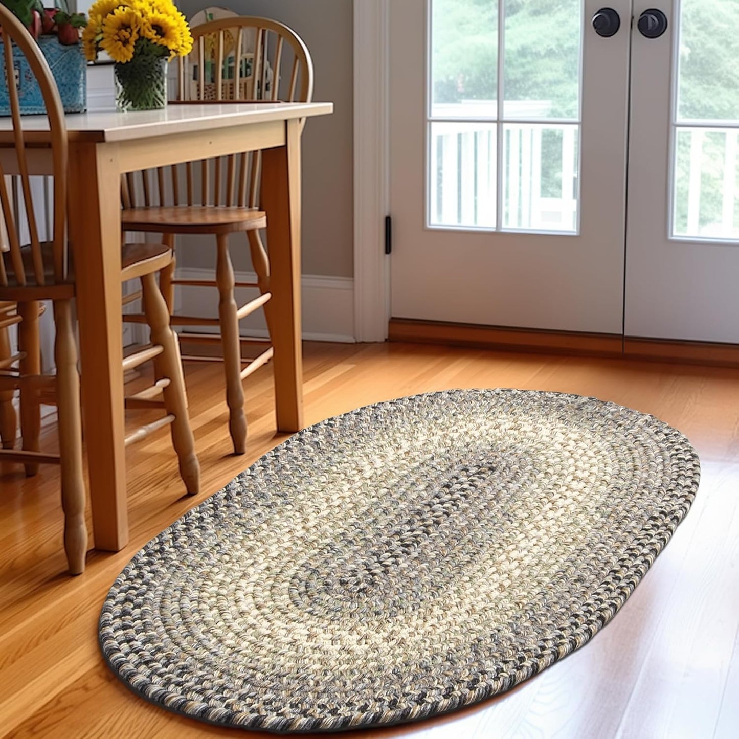 Super Area Rugs Braided Rugs Round 4ft Farmhouse Kitchen Rug - Ridgewood Gray Braided Rug for Dining Room Table - Reversible - Indoor/Outdoor - Made in USA - Graphite/Beige, 4' Round