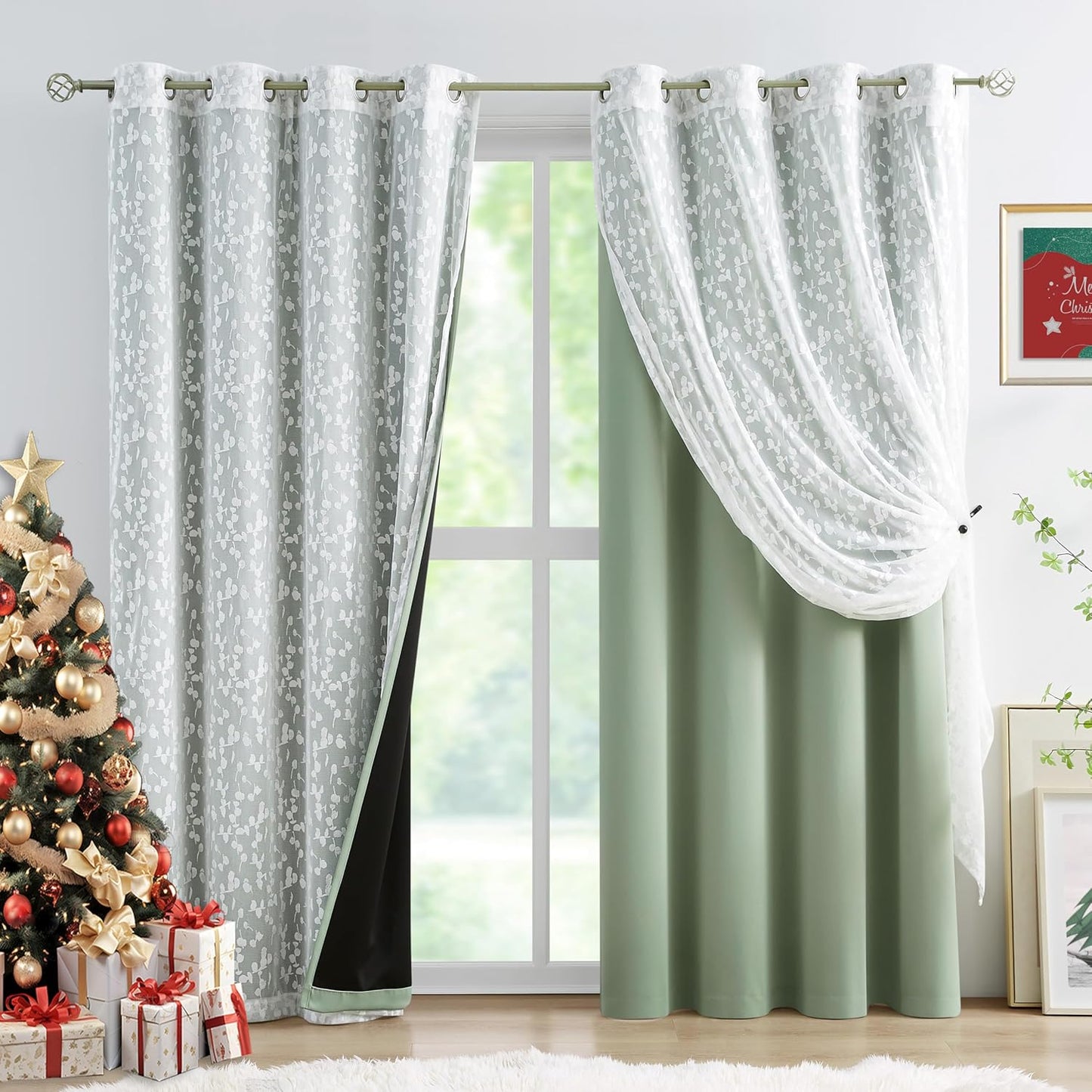 Jubilantex Mix Matched Curtains Leaf Sheer Lace 2 Panels & 2 Full Blackout Curtains Room Darkening Beige Window Treatments for Bedroom Living Room Grommet Top Design 52" W x 84" L Beige & White
