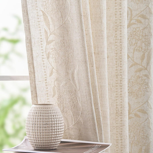 jinchan Winslow Linen Curtains for Bedroom 84 Inches Length Embroidered Bordered Floral Curtains for Living Room Farmhouse Decor Light Filtering Window Treatments Ivory on Beige Drapes 2 Panels