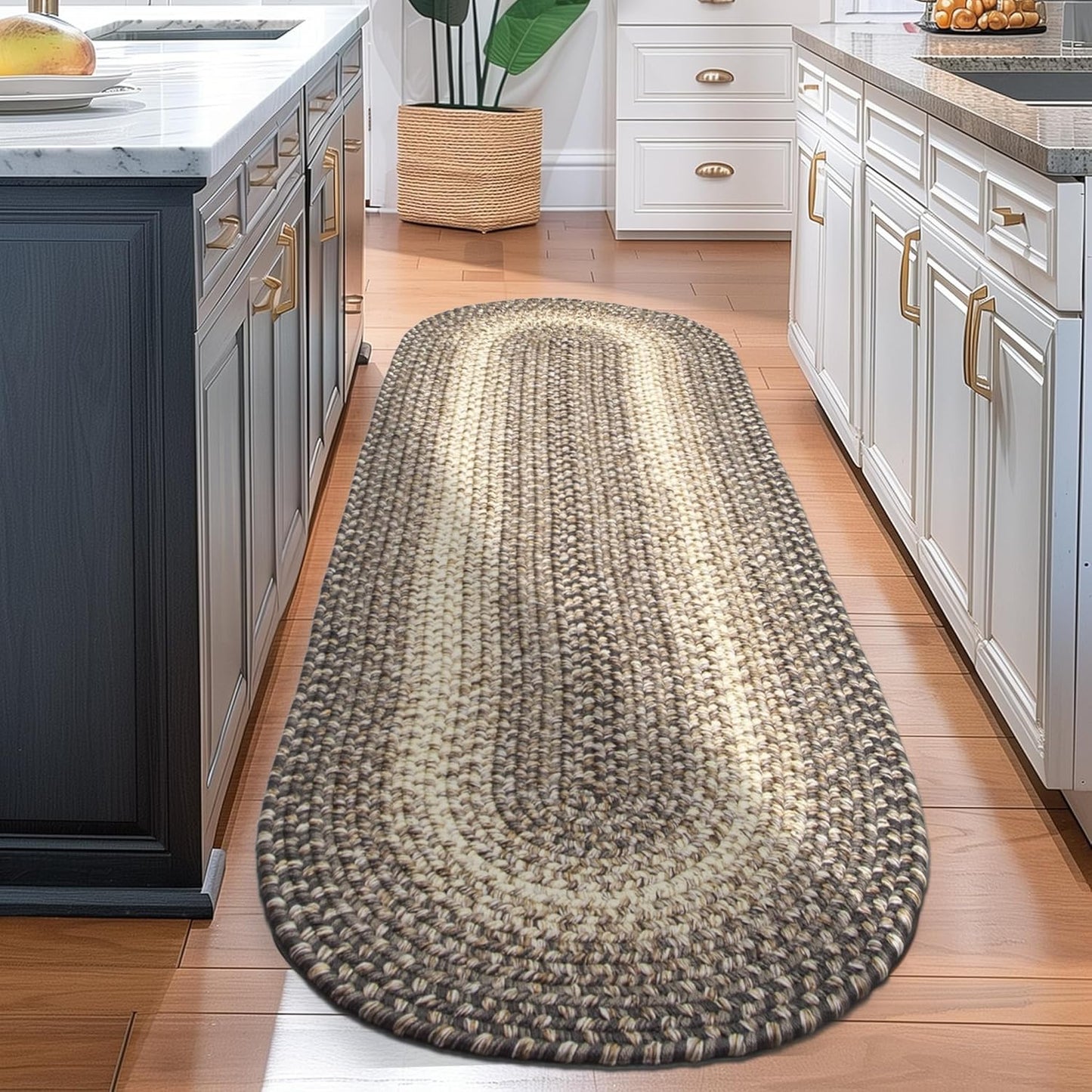 Super Area Rugs Braided Rugs Round 4ft Farmhouse Kitchen Rug - Ridgewood Gray Braided Rug for Dining Room Table - Reversible - Indoor/Outdoor - Made in USA - Graphite/Beige, 4' Round