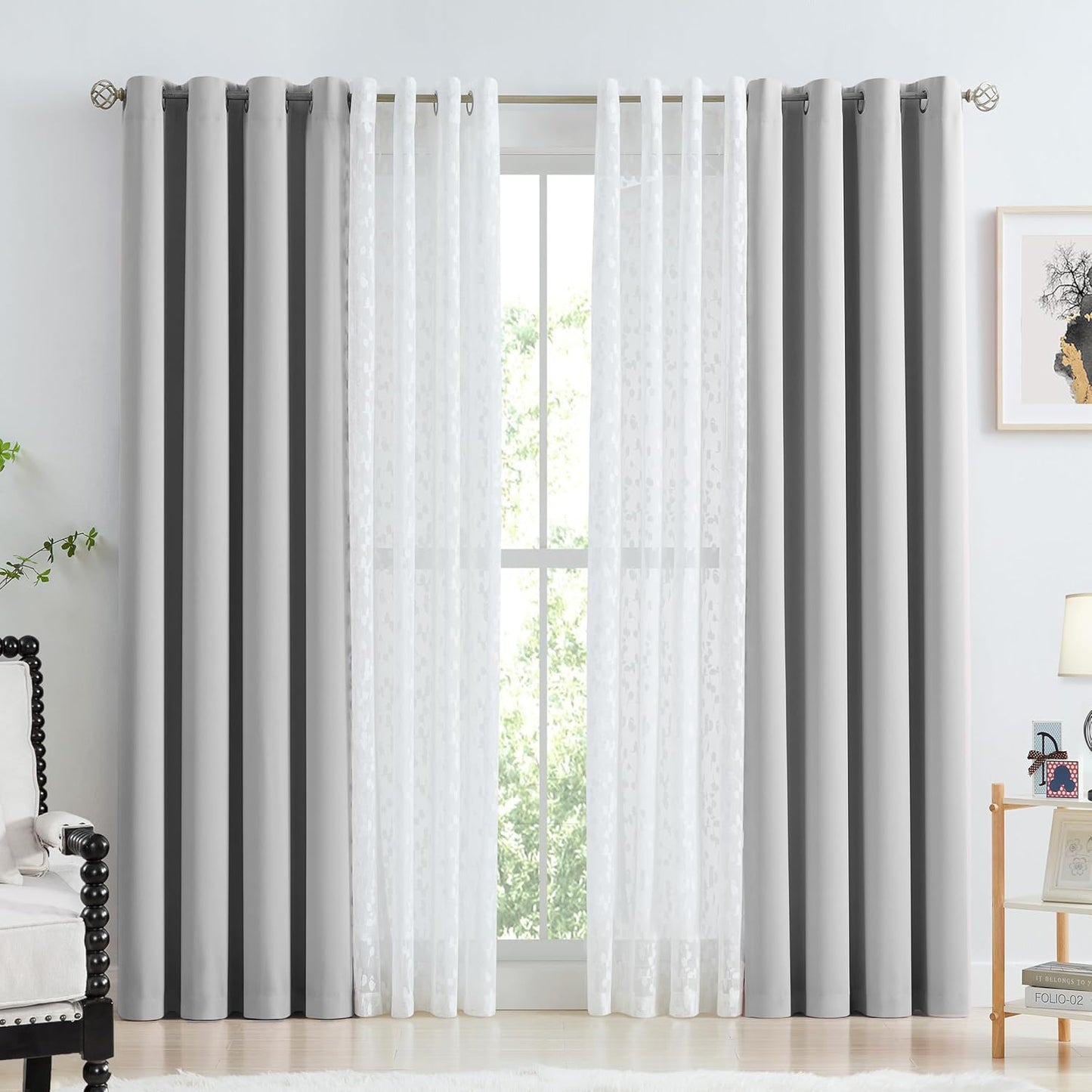 Jubilantex Mix Matched Curtains Leaf Sheer Lace 2 Panels & 2 Full Blackout Curtains Room Darkening Beige Window Treatments for Bedroom Living Room Grommet Top Design 52" W x 84" L Beige & White